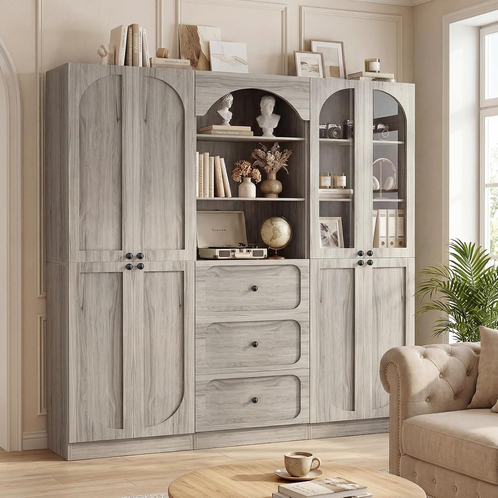 80" Tall Bookcase System with 3 Drawers & Tempered Glass Doors | Arched Bookshelf with Flush Wall Fit, Wooden Pantry