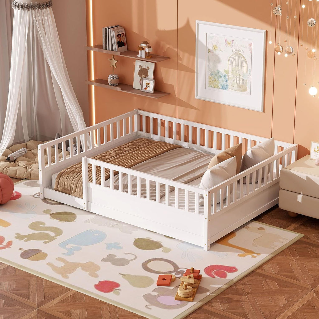 Floor Bed Frame with 21.4" High Fence, Solid Wood Montessori Floor Bed for Kids, Low to Ground