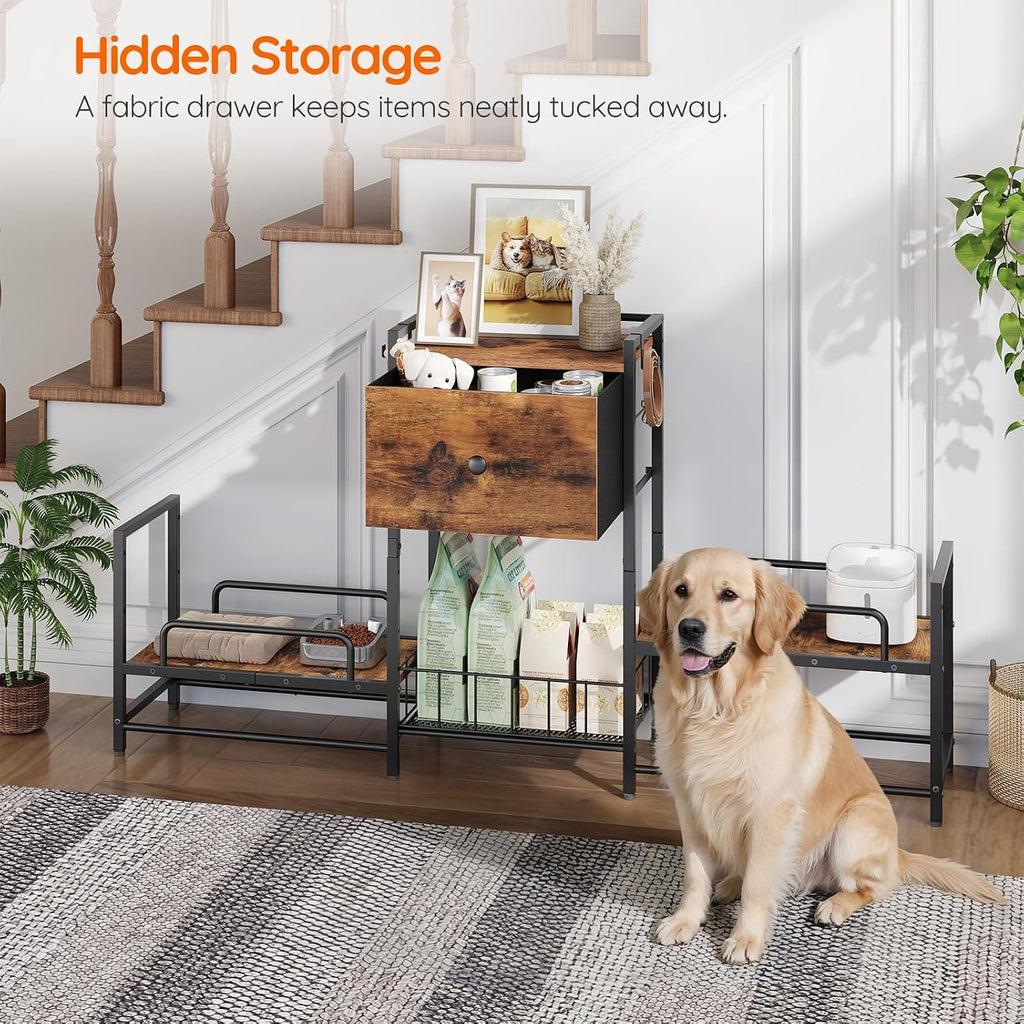 Dog Feeding Station with Drawer, 2 Elevated Bowl Stands & Large Dog Food Storage for 2 Dogs, Height Adjustable Pet