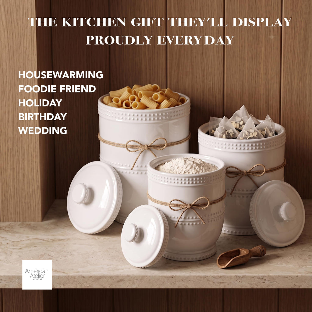Round Ceramic Canister Set Lids Bianca Bead, White 3 PC