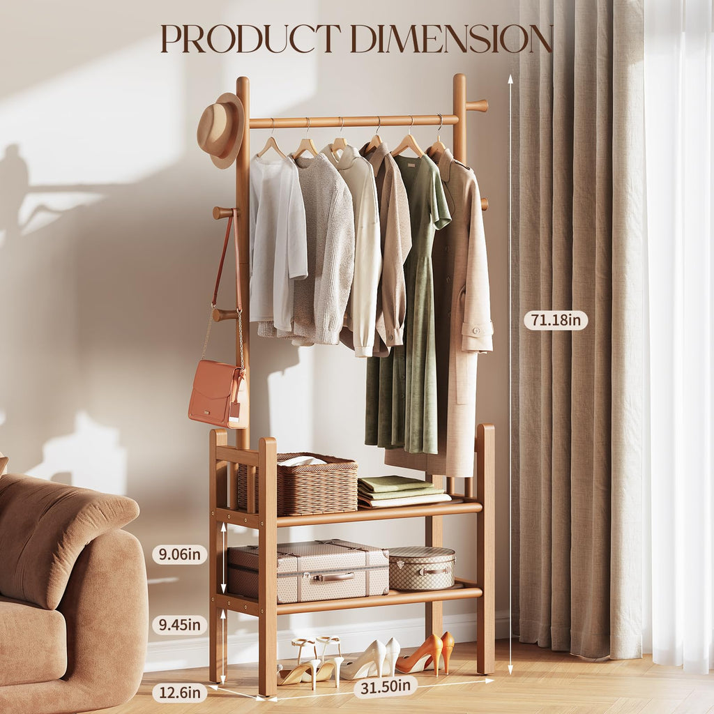 Solid Wood Clothing Rack with Shelves - Coat Rack Freestanding with 6 Hooks, 3-in-1 Hall Tree for Hanging Clothes