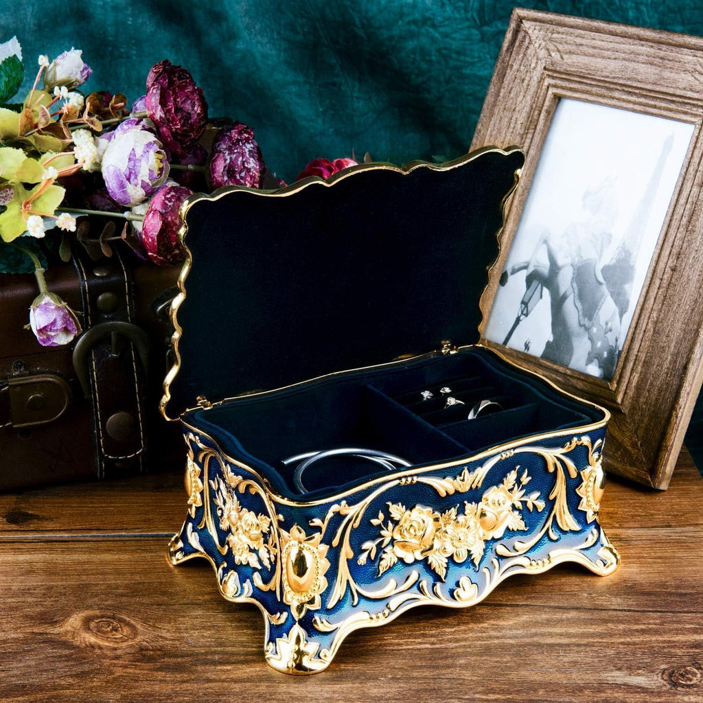 Vintage Two Layers Rectangle Trinket Jewelry Box Ornate Ring Earrings Treasure Case Keepsake Box Organizer