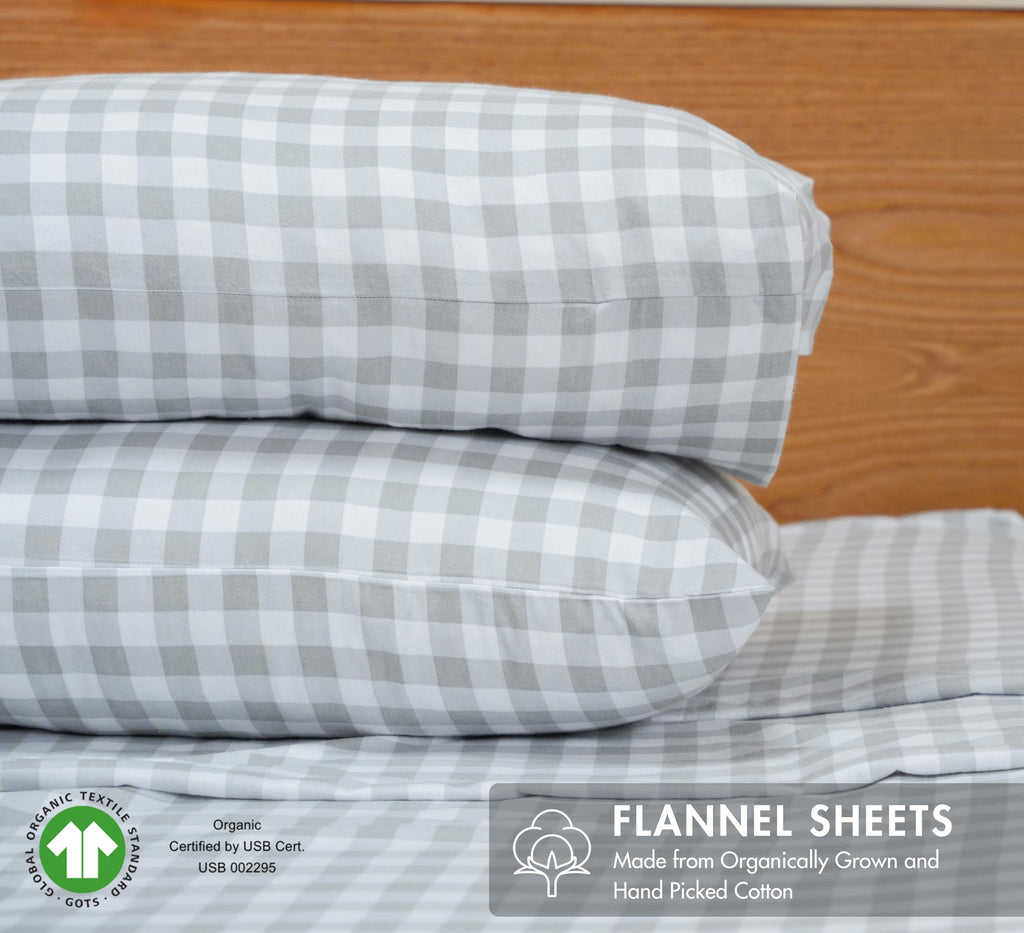 100% Organic Cotton Flannel Sheets Queen Size Bed Set, Open Gingham