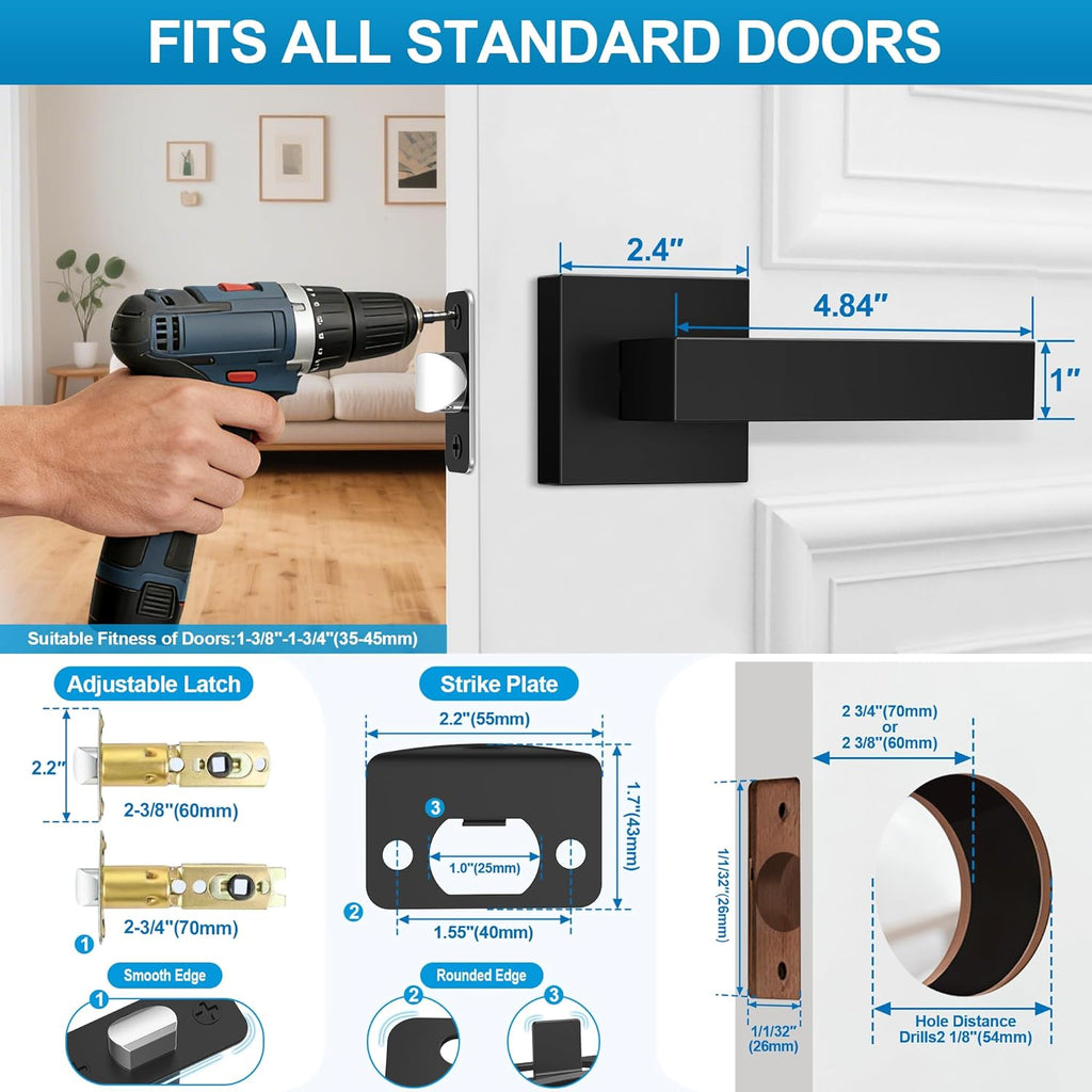 8 Pack Matte Black Door Handles Interior, Passage Door Knobs Closet Door Levers