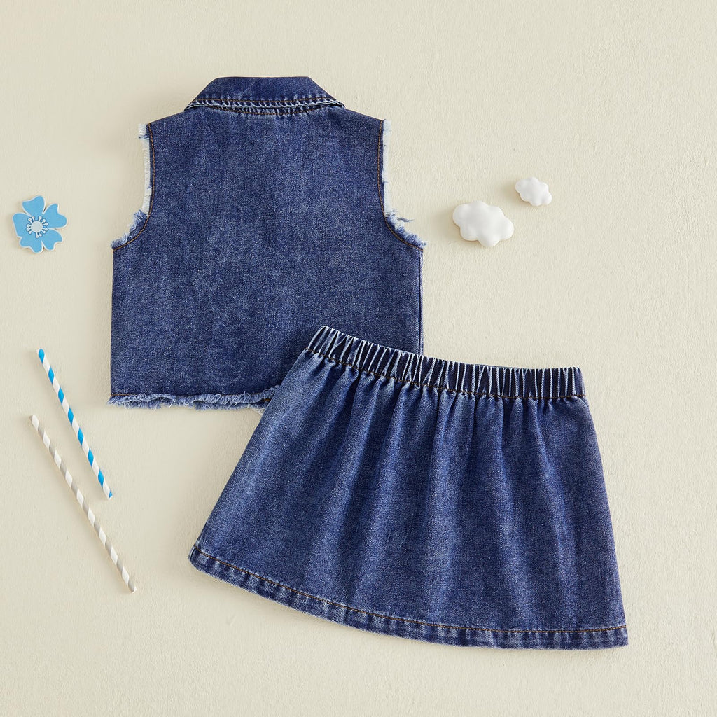 Little Girls Summer Jeans Outfits Denim Sleeveless Button Down Vest Tops Pleated Skirt Kid Toddler Waistcoat Clothes
