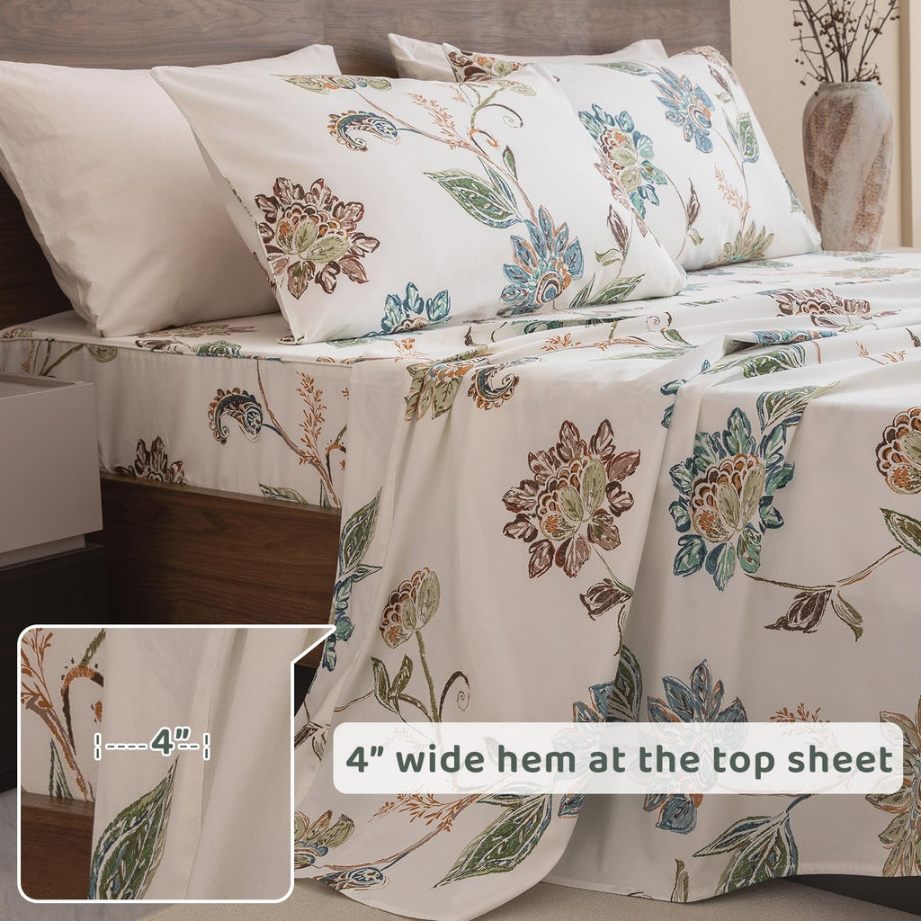 Floral Bed Sheets Queen Size - 100% Egyptian Cotton Sheets Elegant Botanical Leaves Flower Pattern Printed Bedding