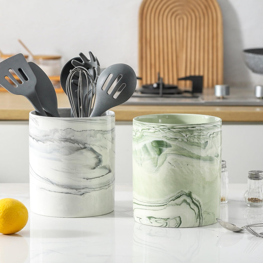 7.2 inch Large Utensil Holder Counter, Golden Marble Utensil Crock Spatula Holder for Countertop Cooking Tools