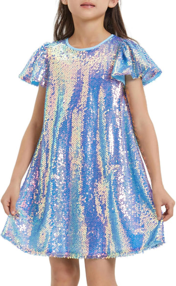 Sequin Dress Shiny Short Flutter Sleeve Midi Sparkly Party Dress with Hairbow