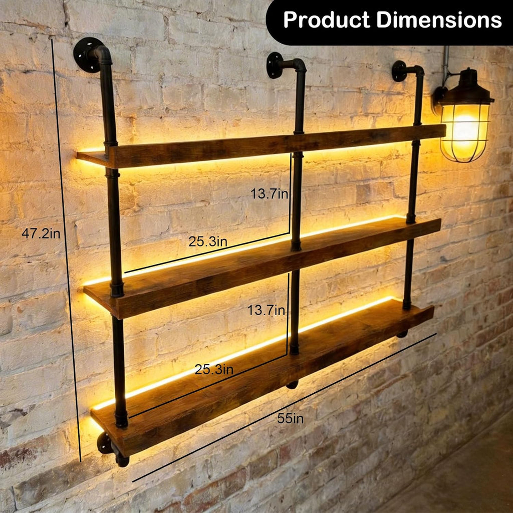 55" Wine Rack Wall Mounted with LED Lights, Industrial Pipe 3-Tier Floating Wine Shelf, Metal & Wood Wine Bottle and