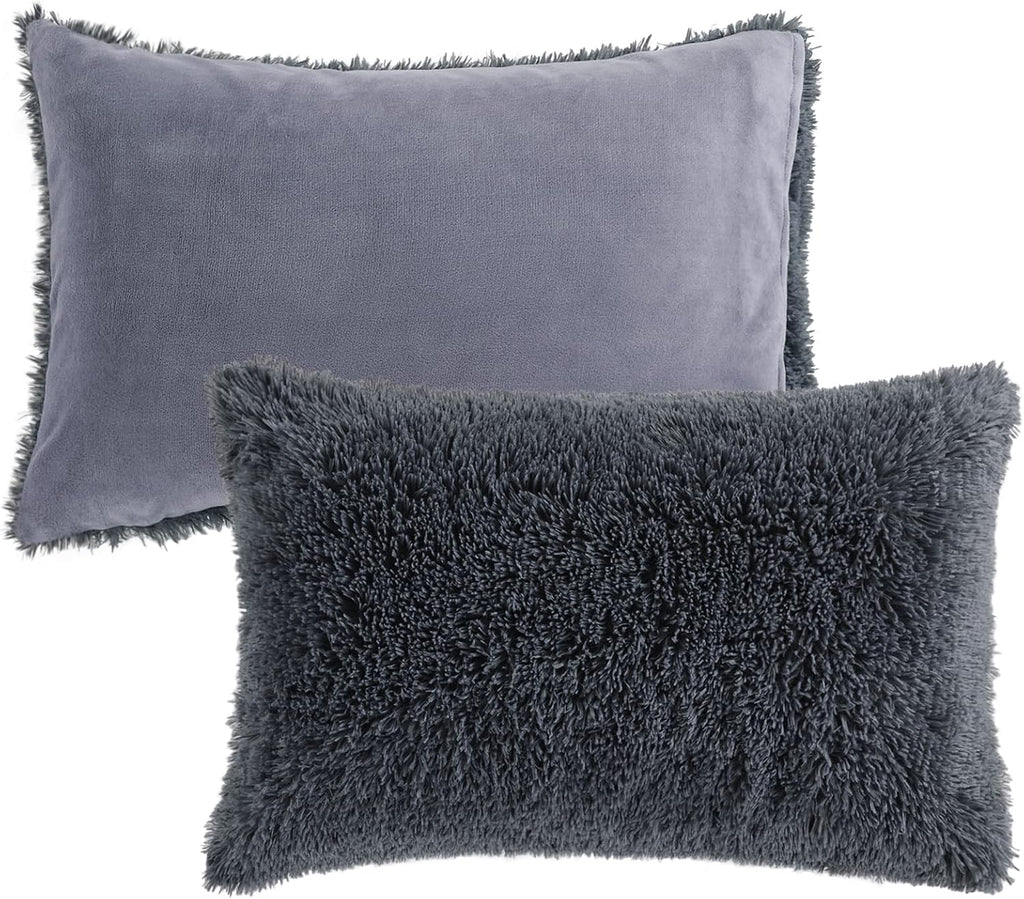 Oversized King Faux Fur Fluffy Comforter Set 120x120, 3 Piece Shaggy Plush Velvet Bedding Thick Comforter with Shams