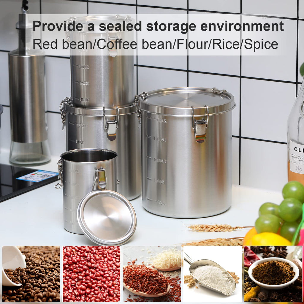 4 Pcs Stainless Steel Airtight Food Containers 84oz 54oz 34oz 17oz Coffee Bean Flour Sugar Tea Cereal Cookie Metal