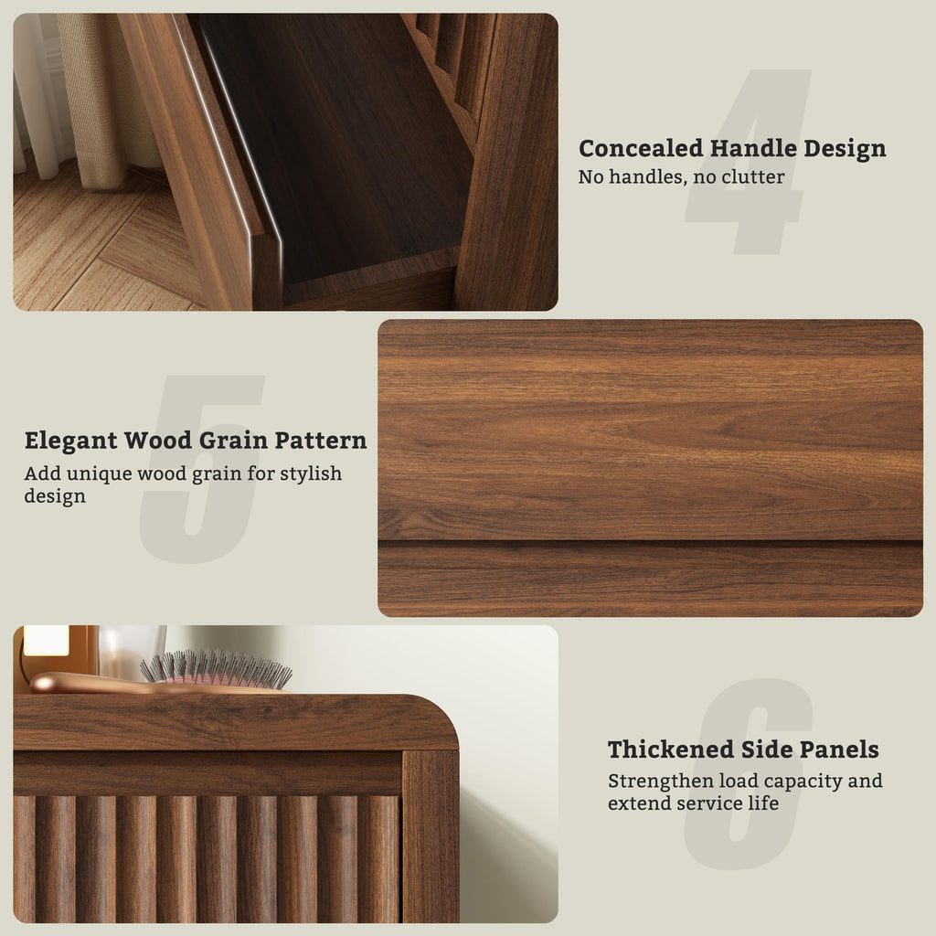 Walnut Fluted 7 Drawer Dresser, Curved Edge, 50" Wide