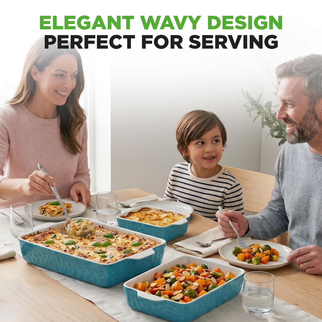 3-pc Casserole Dish Set for Oven, Ceramic Lasagna Baking Dishes, Deep Serving Dish with Handles - Aqua, (14.7"