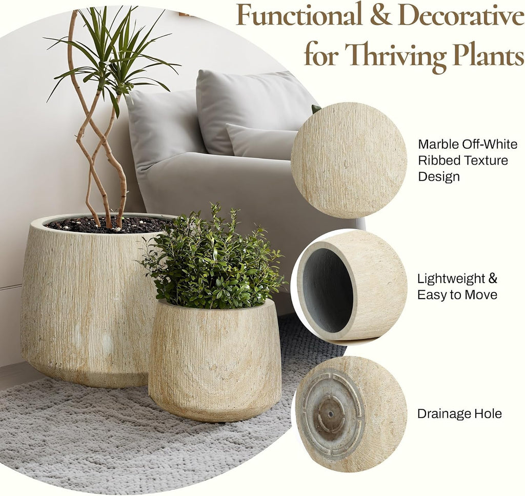 LuxenHome Round Tapered Planters, Set of 2 Outdoor Indoor Plant Pots with Drainage Hole, Decorative Lightweight