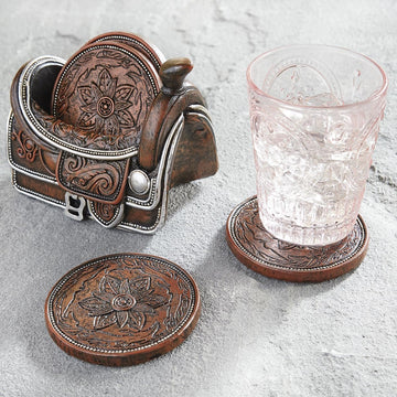 Saddle Coaster Set with Holder 5" Wx3 3/4" Dx4 1/4" H - Set of 4