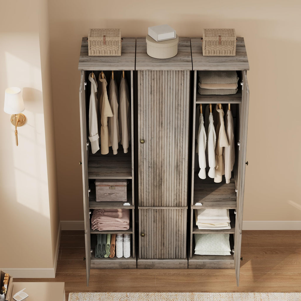 72" Wood Armoire Wardrobe Closet, Fluted, Narrow, Retro Gray