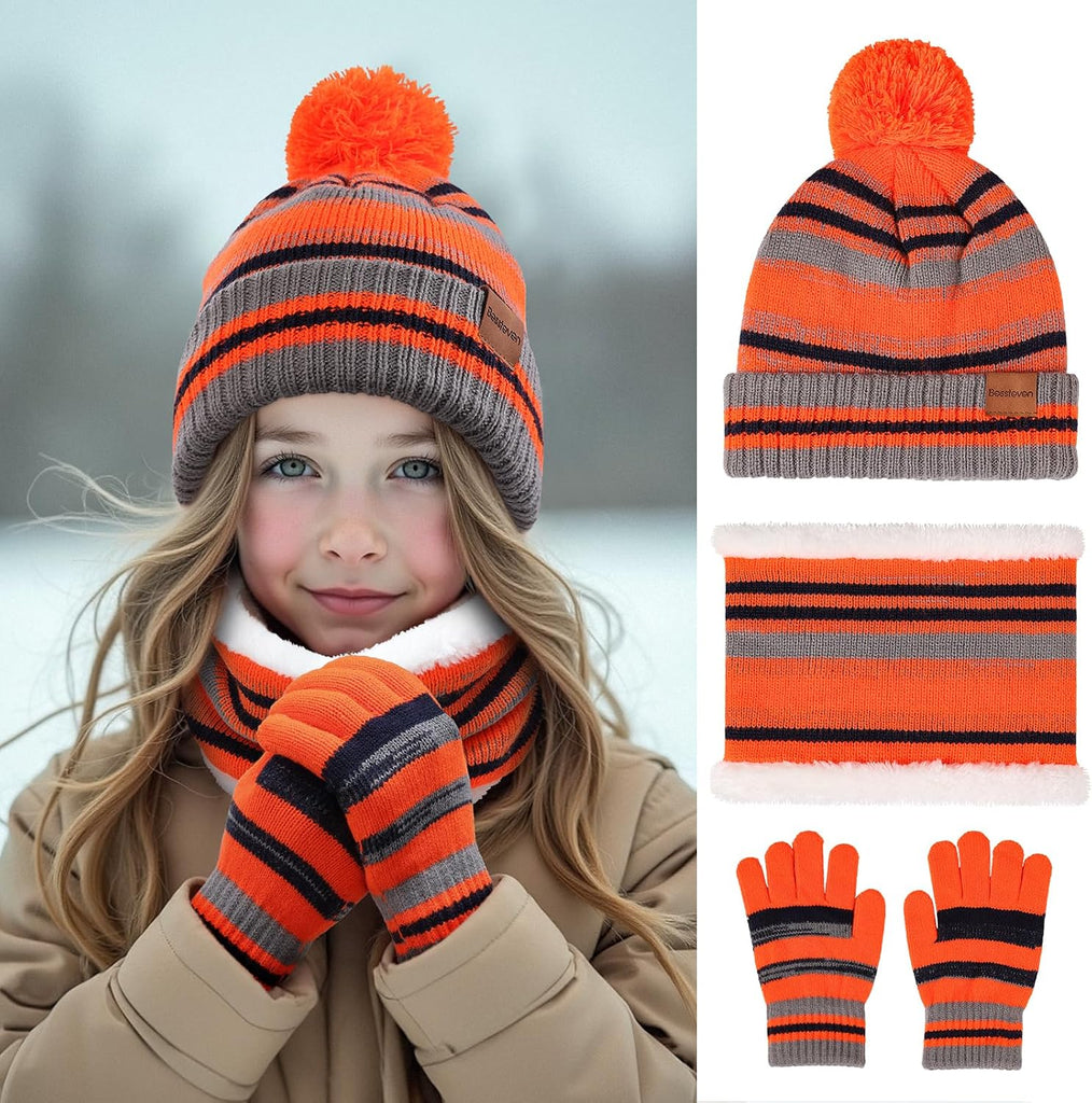 Kids Winter Hat Gloves Scarf Set: Girls Boys Beanie Fleece Lined