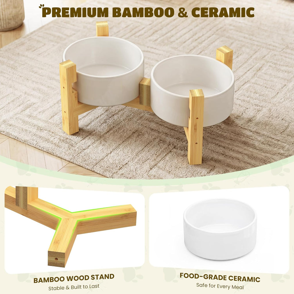 Elevated Dog Bowls with Adjustable Bamboo Stand, Ceramic Dog Food and Water Bowl Set, Raised Dog Bowl for Small &