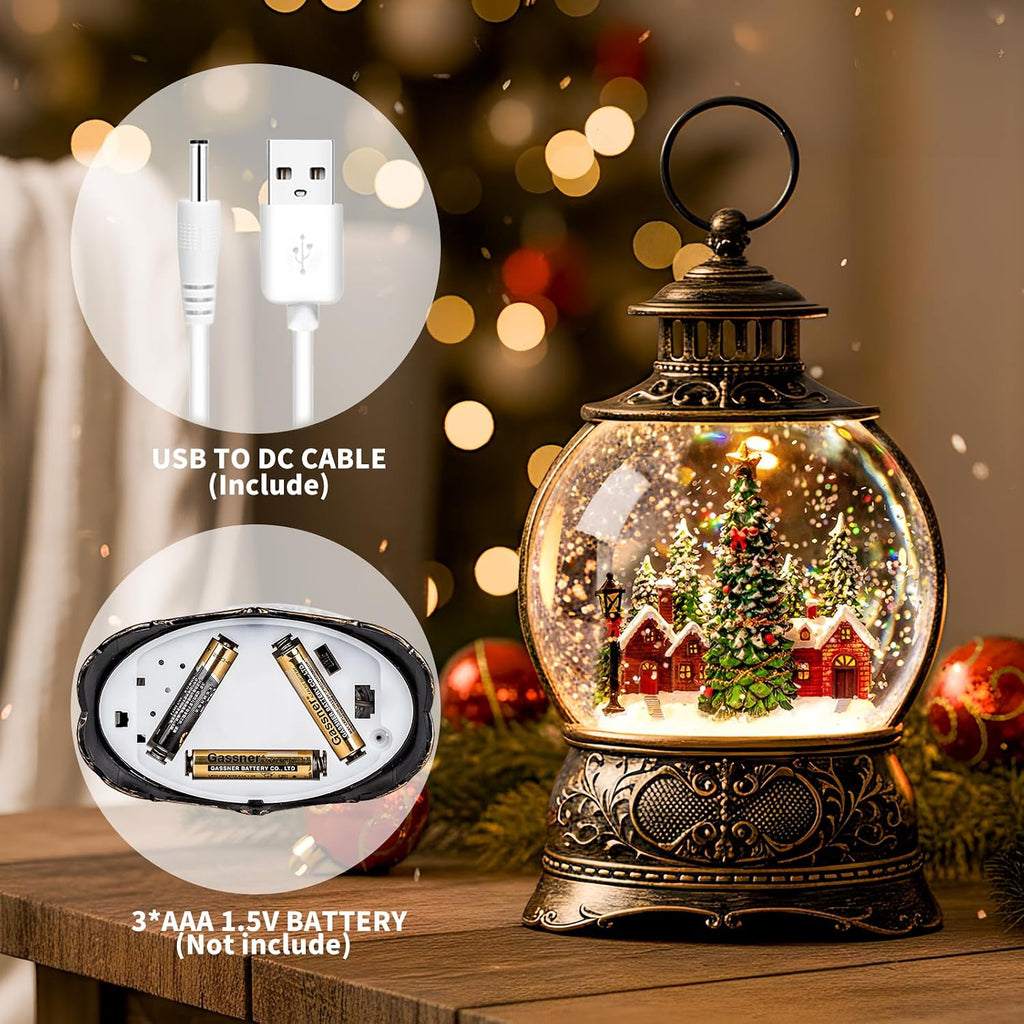 Christmas Village Snow Globe Lighted Christmas Tree and Village Scene, Musical Snow Water Lantern Swirling Glittering