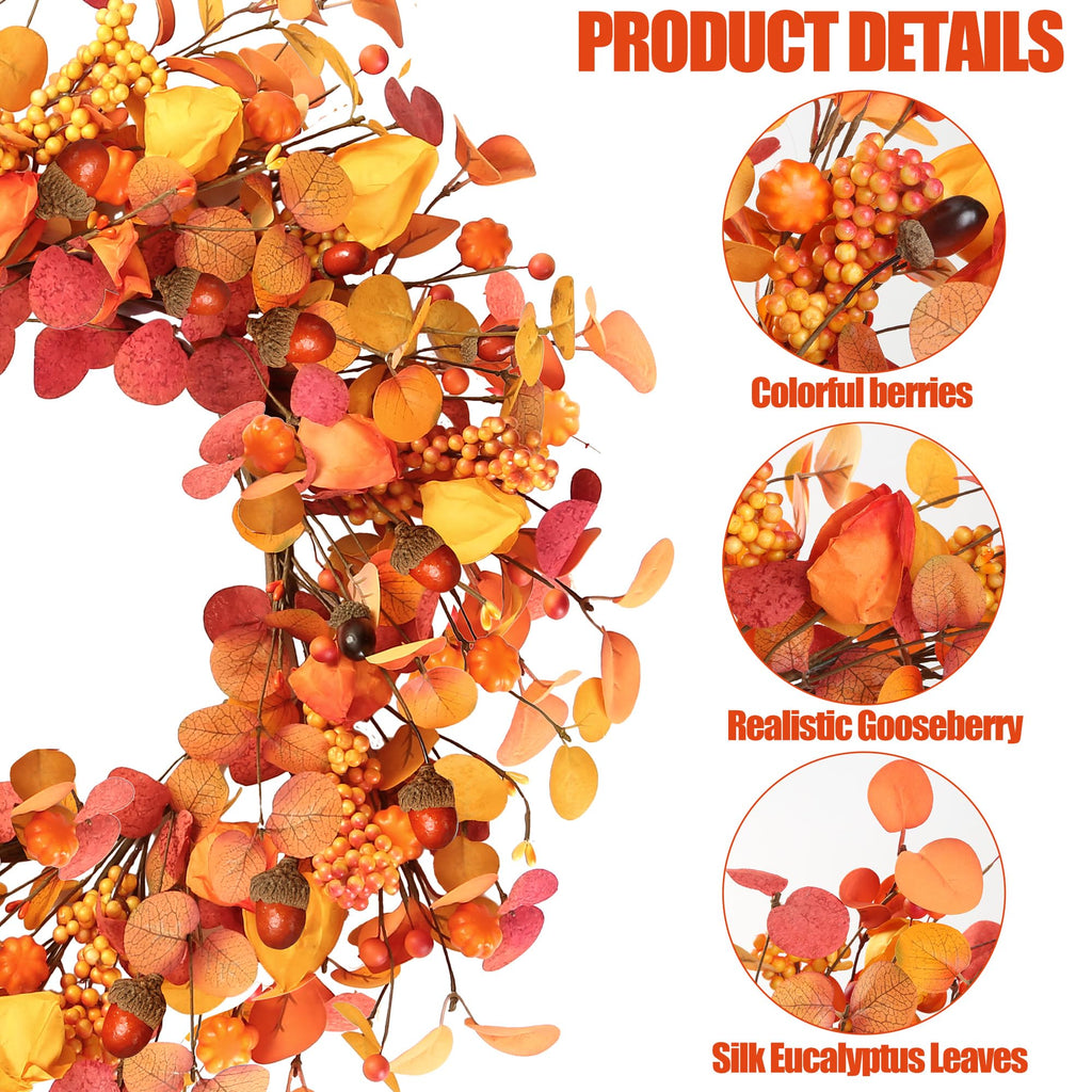 Artificial Fall Wreath 20'' Autumn Front Door Wreath with Eucalyptus Leaves Berries Small Pumpkins Lantern Fruit for