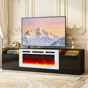 90" Fireplace TV Stand for TVs Up to 100", LED Light Entertainment Center with 50" Electric Fireplace, Modern Wood