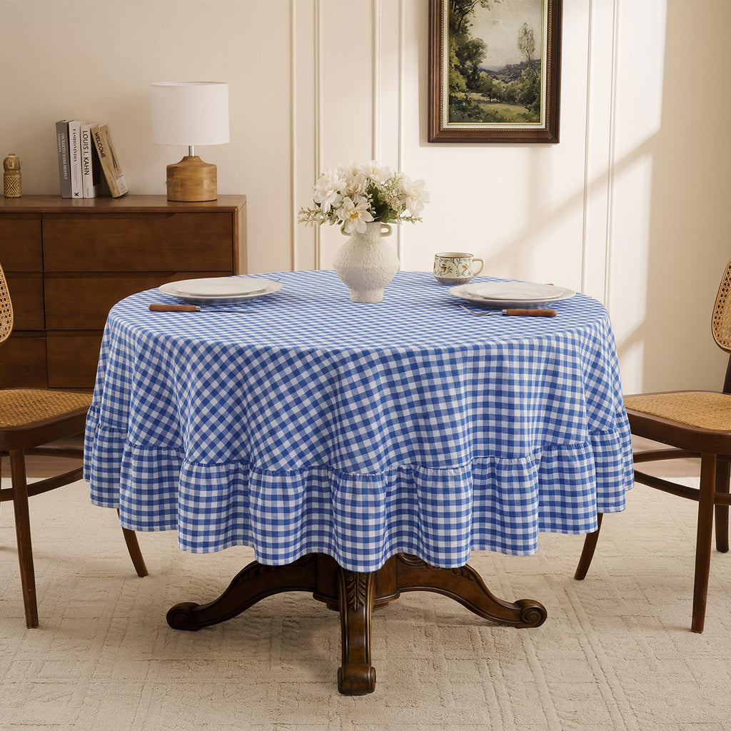 Gingham Ruffled Round Tablecloth, 70 Inch, Blue