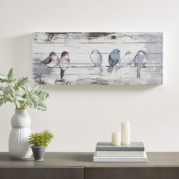 Perched Birds Wall Art Living Room Décor - Hand Painted Wood Plank, Home Accent Farmhouse Bathroom Decoration