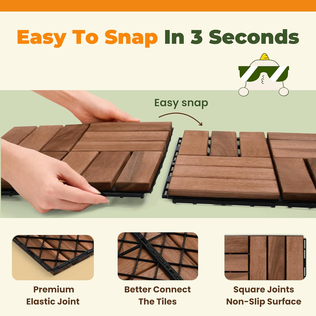 Premium Deck Tiles, 10 PCS 12x12 Outdoor Patio Floor Tiles, Waterproof Wood Flooring Tiles, Snap Tiles for Patio