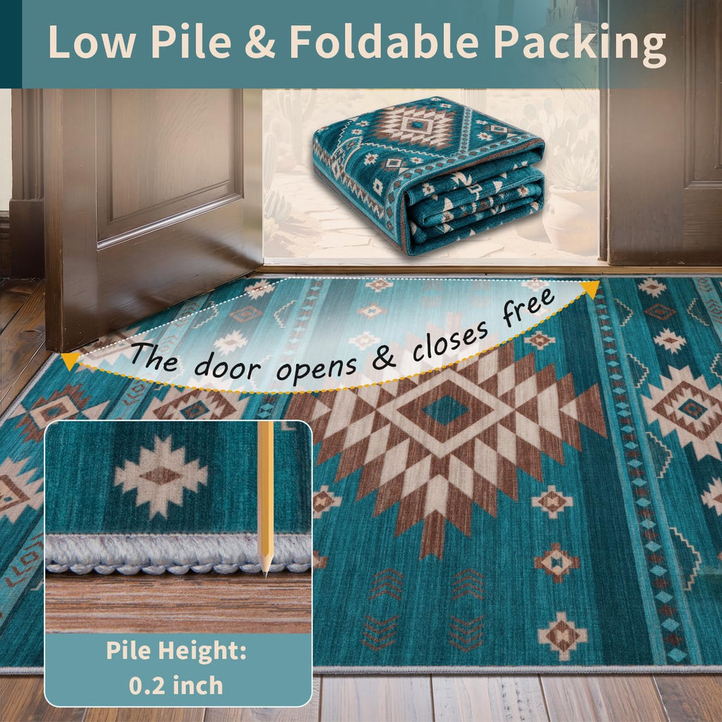 Southwest Teal Rugs, Large Machine Washable Soft Non-Slip Aztec Rug, Low-Pile Non-Shedding Foldable Dining Floor