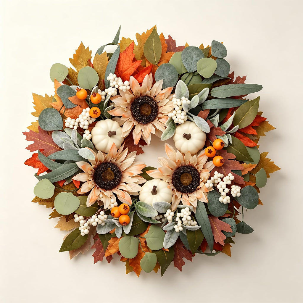 22" Fall Wreaths for Front Door with Pumpkin Sunflower Maple Leaf
