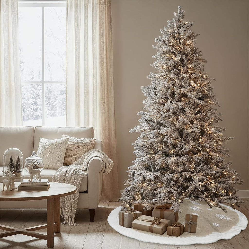 60 Inch Christmas Tree Skirt, Large Burlap Design with Fur Border Snowflake