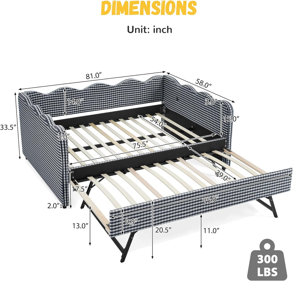 Full Size Gingham Daybed with Trundle and USB Ports | Upholstered Daybed Living Room Guest Room-Navy