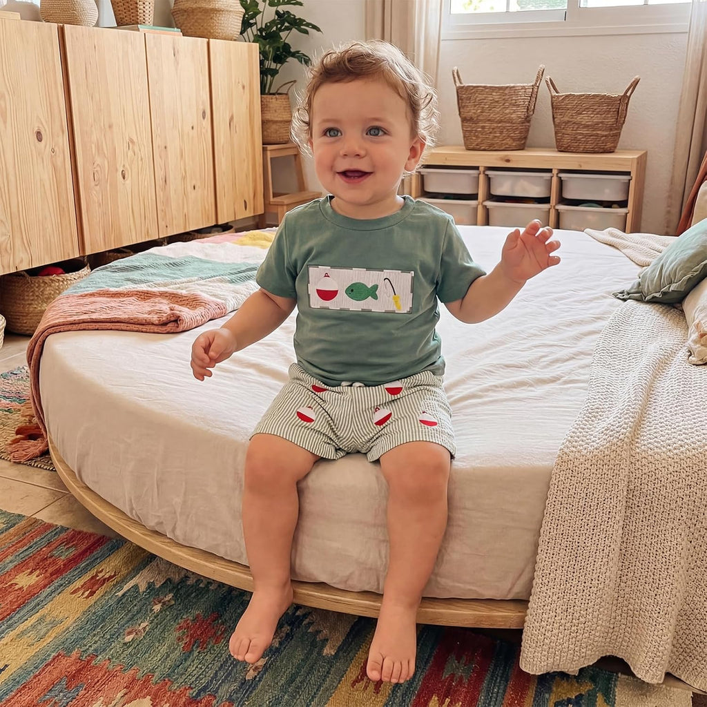 2PCS Summer Outfit Toddler Baby Boy Sailboat/Helicopter/Fish Short Sleeve T-Shirt Plaid Shorts Set