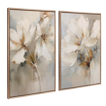 Sylvie Beaded Abstract Botanical Floral Linen Painting 1 and 2 Vintage Framed Canvas Wall Art Set by The Creative