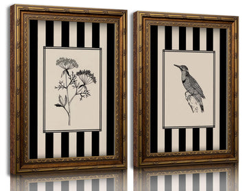 2Pcs Plant Bird Sketch Canvas Wall Art Vintage Gold Framed 9X11in