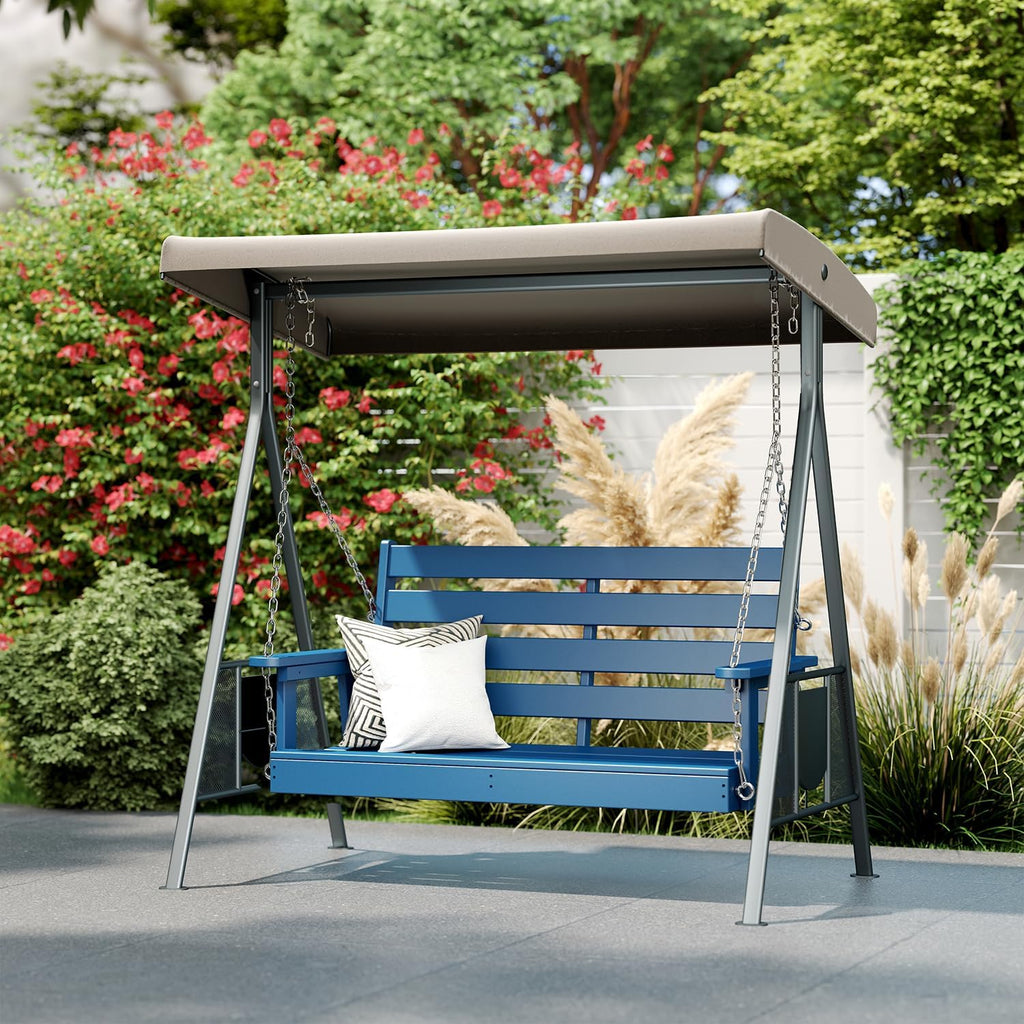 Outdoor Porch Swing | HDPE Plastic | 2-Person | Hanging Bench Swings | Weatherproof | 4 Stainless Steel Chains | Blue