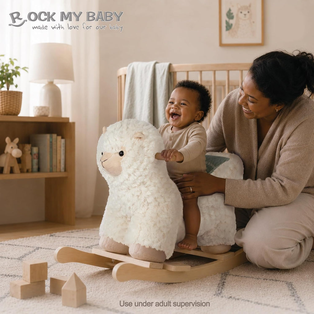 My Baby Rocking Llama with Seat, Plush Stuffed Pony Rocker for Toddlers 1-3, Baby Rocker with Sweet Music, Wooden