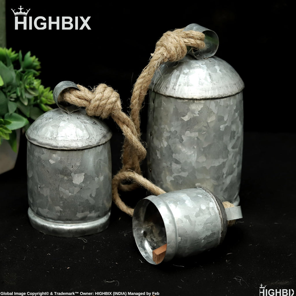 Set of 3 Medium Galvanized Metal Hanging Cow Bells Rustic Farmhouse Vintage-Style Cowbells with Jute Rope for Wall