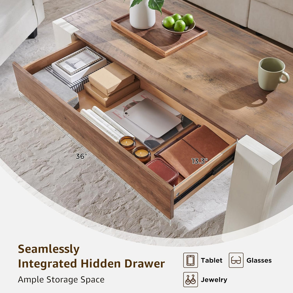 48" Modern Farmhouse Coffee Table, Wooden Living Room Table with Hidden Storage Drawer