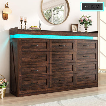 71" Wide 46" Tall Large Farmhouse 12 Drawers Dresser with LED Light and Power Outlets, Wood Rustic 12 Chests of