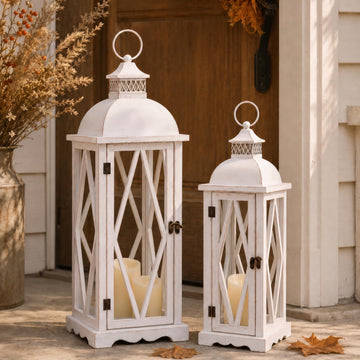 Farmhouse Outdoor Lanterns, Set of 2 White Rustic Lanterns Decor, Vintage Hanging Candle Holder Decorative for