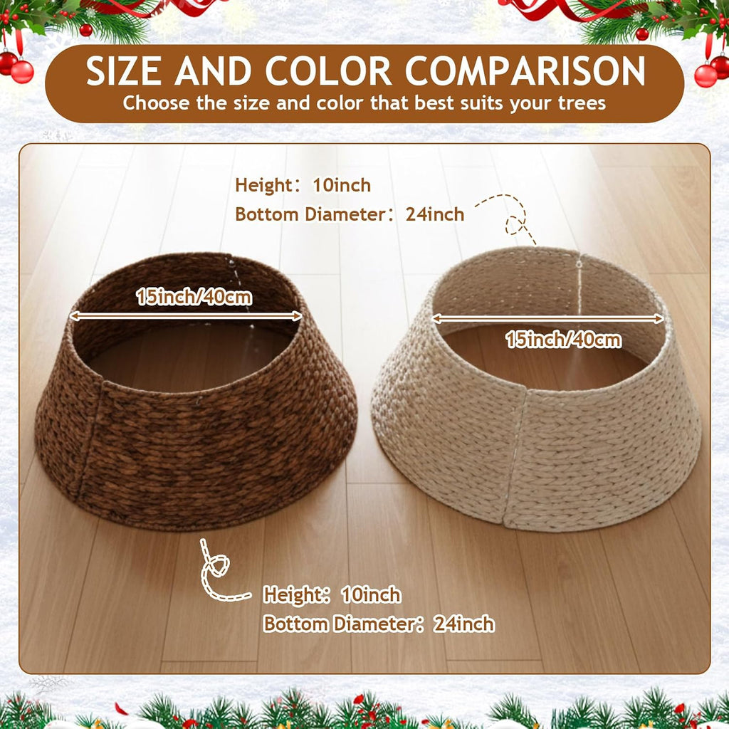 Christmas Tree Collar Woven Wicker Farmhouse Rustic Tree Skirt Basket Ring for Christmas Decorations(White,24 Inches)