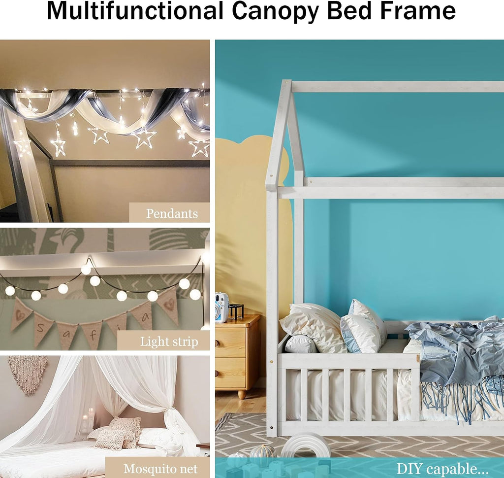 Wooden House Bed, Floor Bed with Fence and Door, Guardrail, White