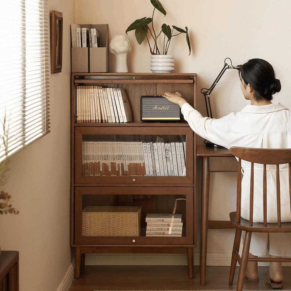 Solid Wood Bookshelf with Glass Flip-Up Doors, Vintage Display Cabinet, Solid Rubber Wood Combination Bookcase