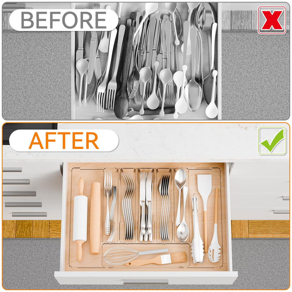 Large Clear Expandable Silverware Drawer Organizer,BPA FREE Adjustable Utensil Drawer Organizer and Silverware