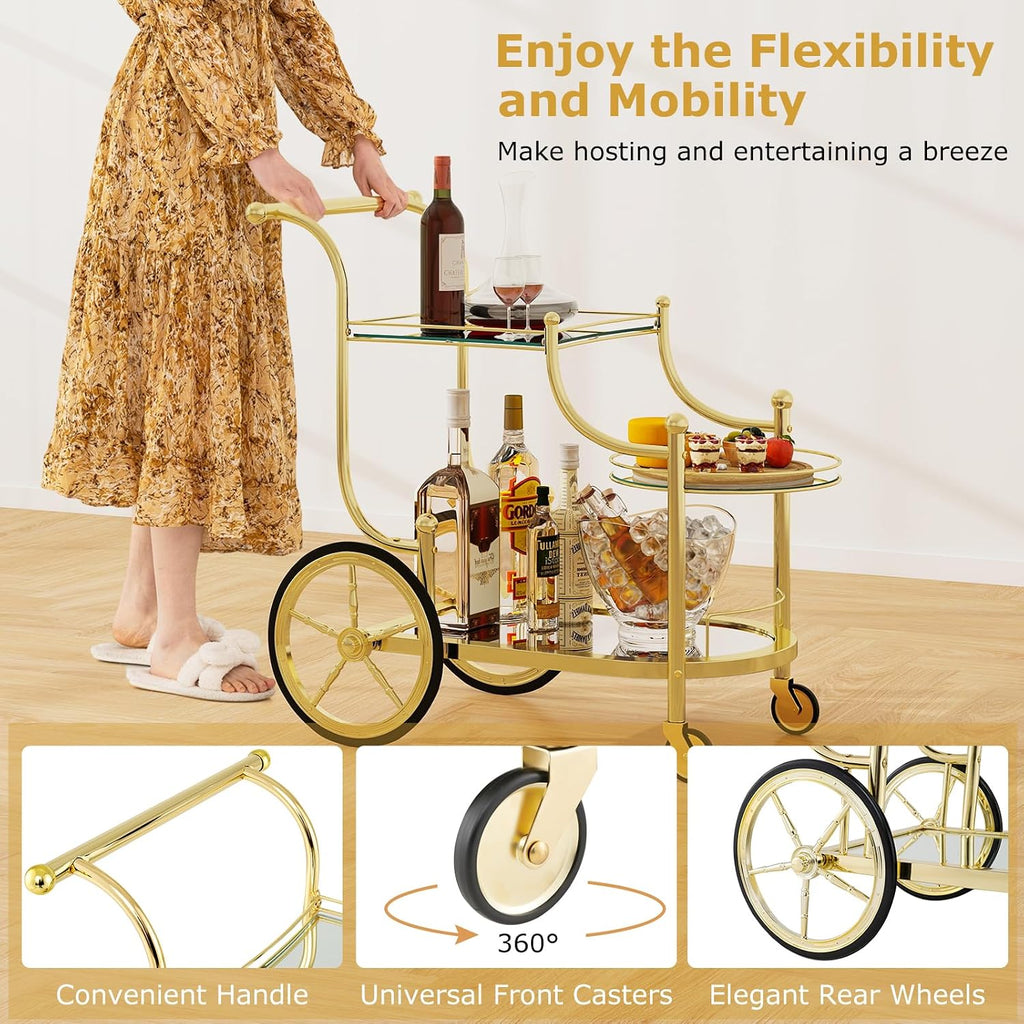 Rolling Bar Cart, Wine Tea Serving Cart with 3-Tier Shelf & 4 Wheels, Tempered Glass Bar and Serving Cart, Metal
