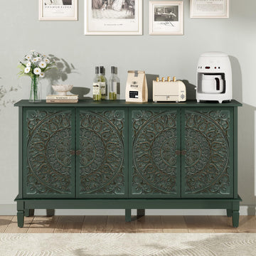 59" Solid Wood Buffet Cabinet, Accent Cabinet, 4 Carved Doors