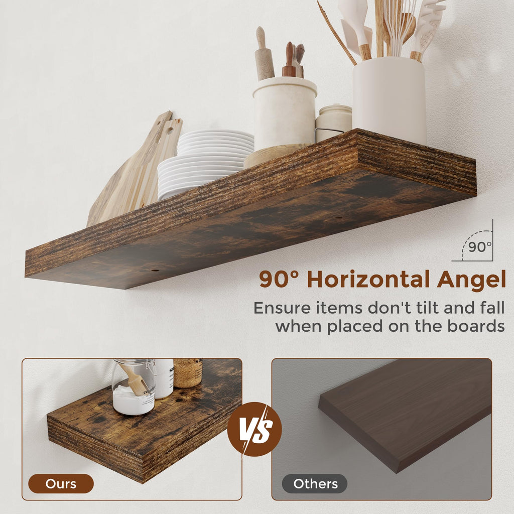 48 Inch Floating Shelves for Wall 8 Inch Deep Rustic Brown Shelves Set of 2, Wall Mounted Rustic Wood Long Floating