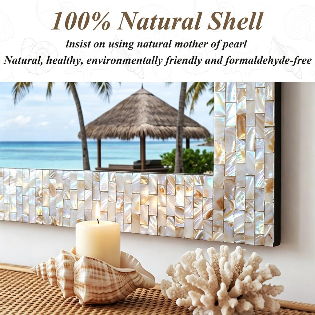 36" x 24" Large Bathroom Mirror Above Sink, Modern Coastal Mirror with Natural Capiz Seashell Frame