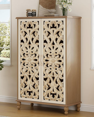 47" Tall Accent Cabinet with Carved Doors, White & Natural | Narrow Boho Farmhouse Sideboard with 3 Adjustable